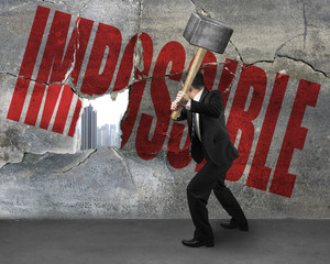 Cracked wall with impossible word it city outside