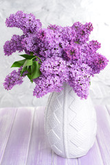 Beautiful lilac flowers in vase on table on light background