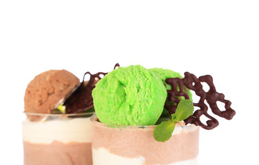 Tasty chocolate mousse with sorbet, isolated on white