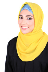 Beautiful muslim arabic woman on grey background