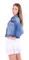 Portrait of beautiful young girl in skirt, jacket and t-shirt