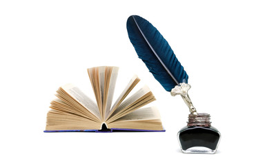 pen, inkwell, open book isolated on a white background.