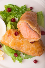 Salmon baked in a batter with cranberries