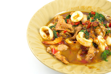 Fried basil leave with pork, squid, shrim, innards, combination