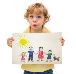 Cute kid holding a drawing with a family