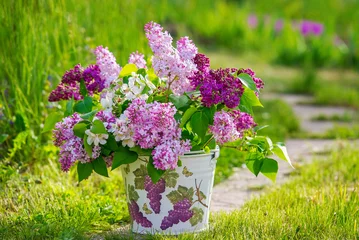 Foto auf Alu-Dibond Beautiful bouquet of lilac in the decoupage decorated bucket © Zoja