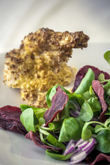 Chicken supreme baked breaded Pancho with salad beetroot chips