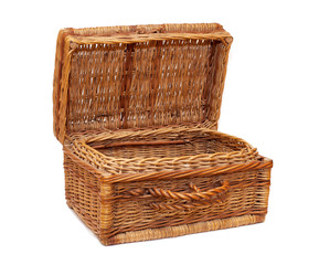 vintage wicker chest, opened  on white background