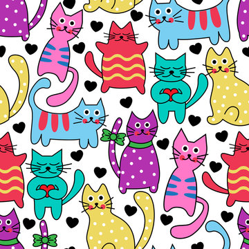 Cartoon seamless multicolored black cats and hearts