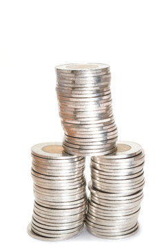 Silver  coins stack on white background