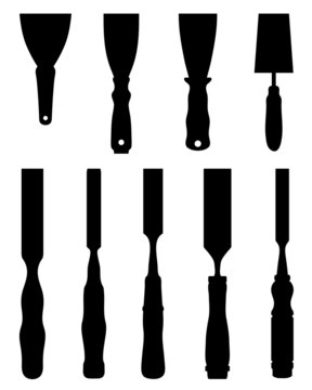 Silhouettes of chisels and spatula, vector