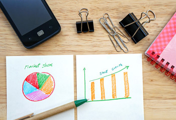 Business concept with stationery and financial table and graph