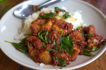 Rice topped with stir-fried pork and basil