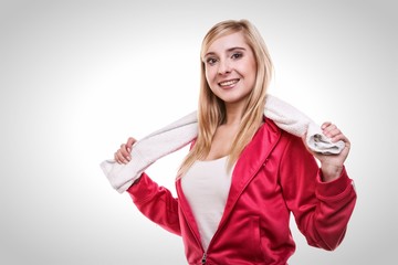 Fitness sport woman white towel on shoulders, studio shot