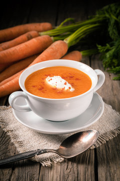 Bowl of homemade tasty carrot soup