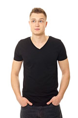 Obraz premium Thinking young man standing in black shirt