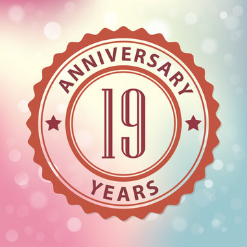 19 Years Anniversary-Retro seal, with colorful bokeh background