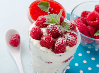 dessert with raspberries and mint leaf