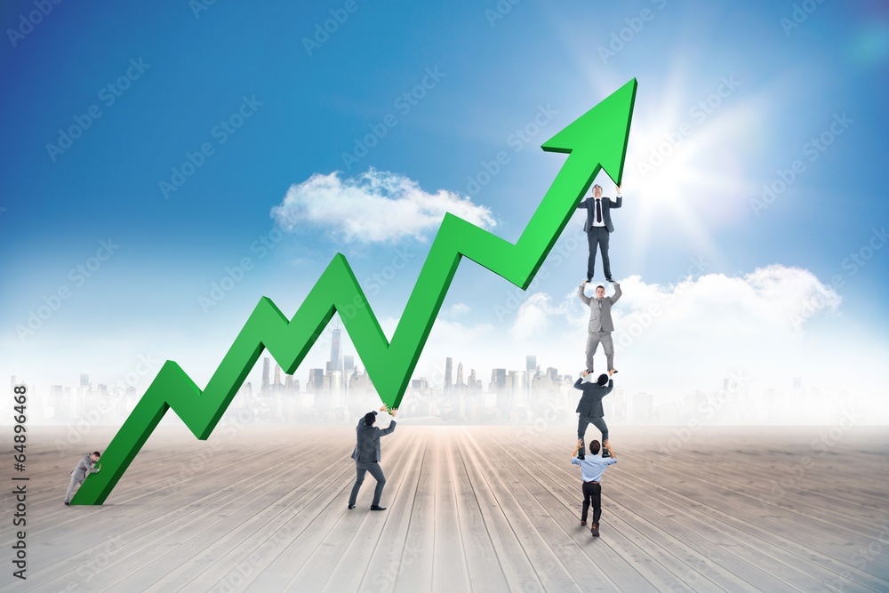 Poster composite image of business team holding up arrow