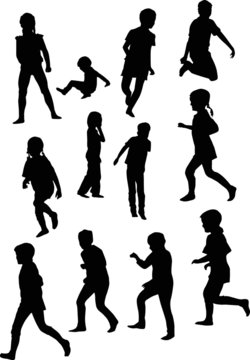 twelve child silhouettes collection isolated on white