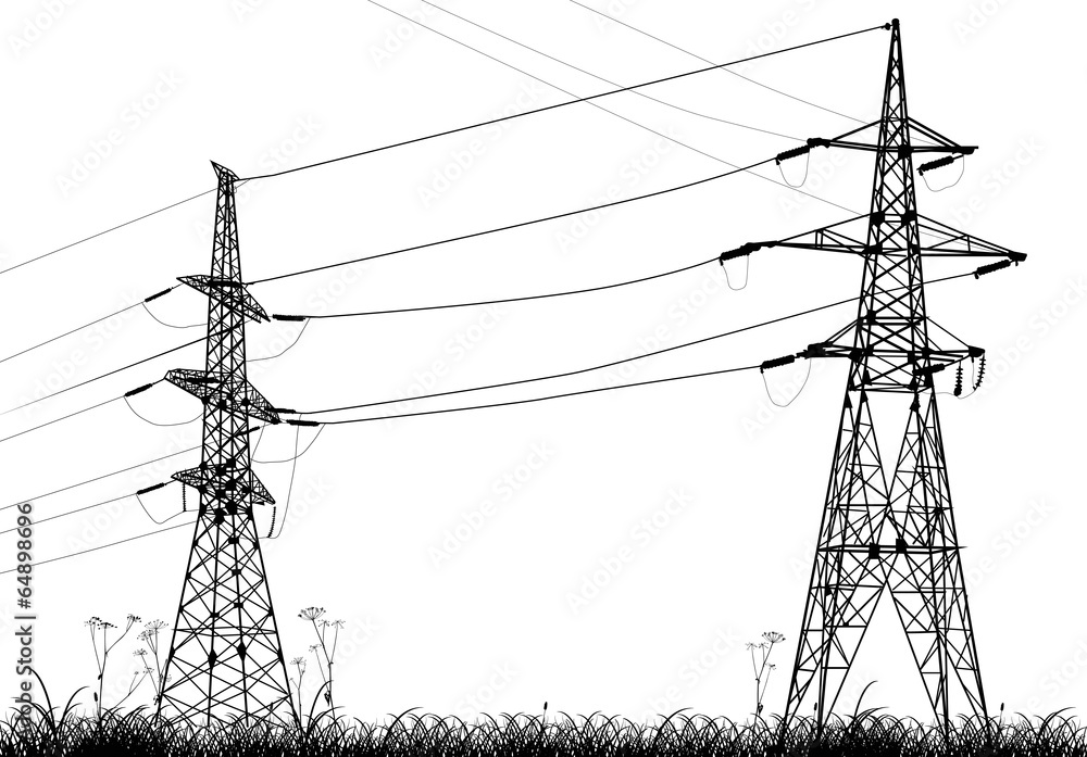 Wall mural two  electrical pylons in grass isolated on white