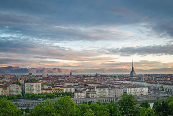 Fototapeta na wymiar Turin (Torino), panorama at sunrise