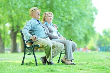 Elderly couple relaxing on a bench in park