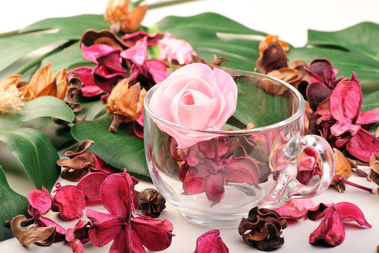 透明のコーヒーカップとピンクの花