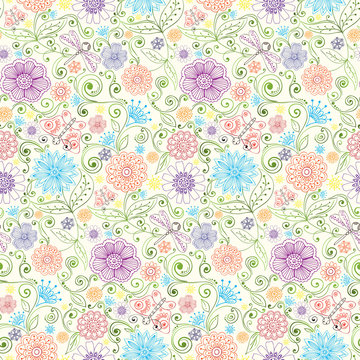 Vector pattern with flowers, butterfly, dragonfly.