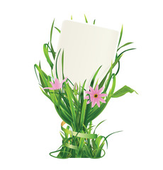 Card in grass and flowers. Illustration