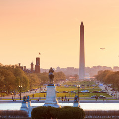 Washington DC city view at a orange sunset, including Washington