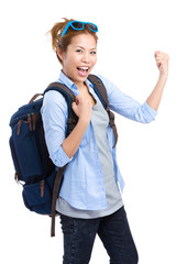Excited woman backpack traveler