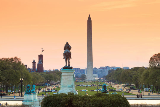 Washington DC city view at sunset, including Washington Monument