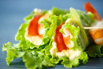 lettuce with cheese and boiled shrimp