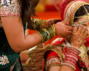 henna , young bride in a saree , traditional hindu wedding , Rajasthan, India