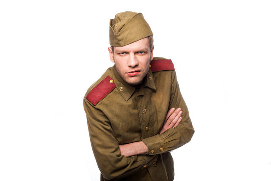Russian soldier angry looking. Studio portrait isolated