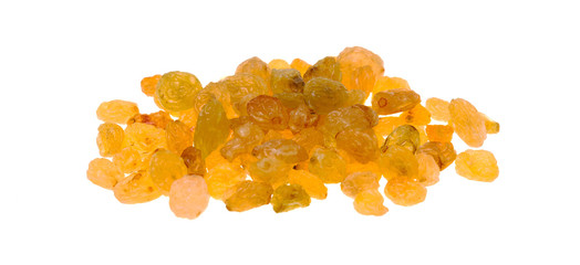 Golden raisins on a white background