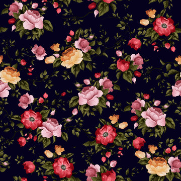 Seamless vector floral pattern with roses on black background
