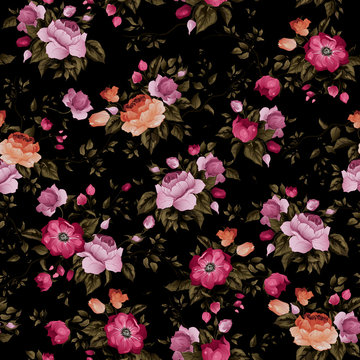 Seamless vector floral pattern with roses on dark background