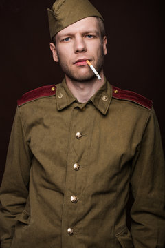 Second world war russian soldier smoking cigarette
