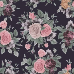 Wandcirkels tuinposter Seamless floral pattern with roses on dark background © ola-la