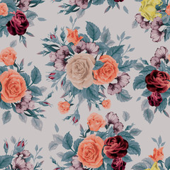 Seamless floral pattern with roses on dark background