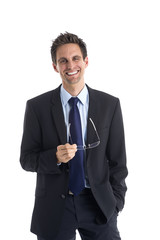 Erfolgreicher Geschäftsmann mit Brille in der Hand