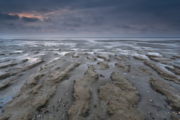 sunset over North sea coast at low tide