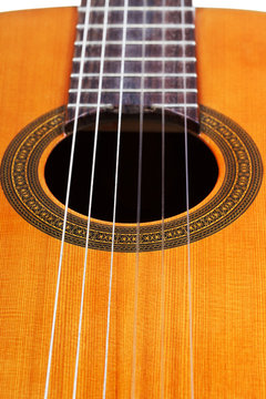 body of classical acoustic guitar close up