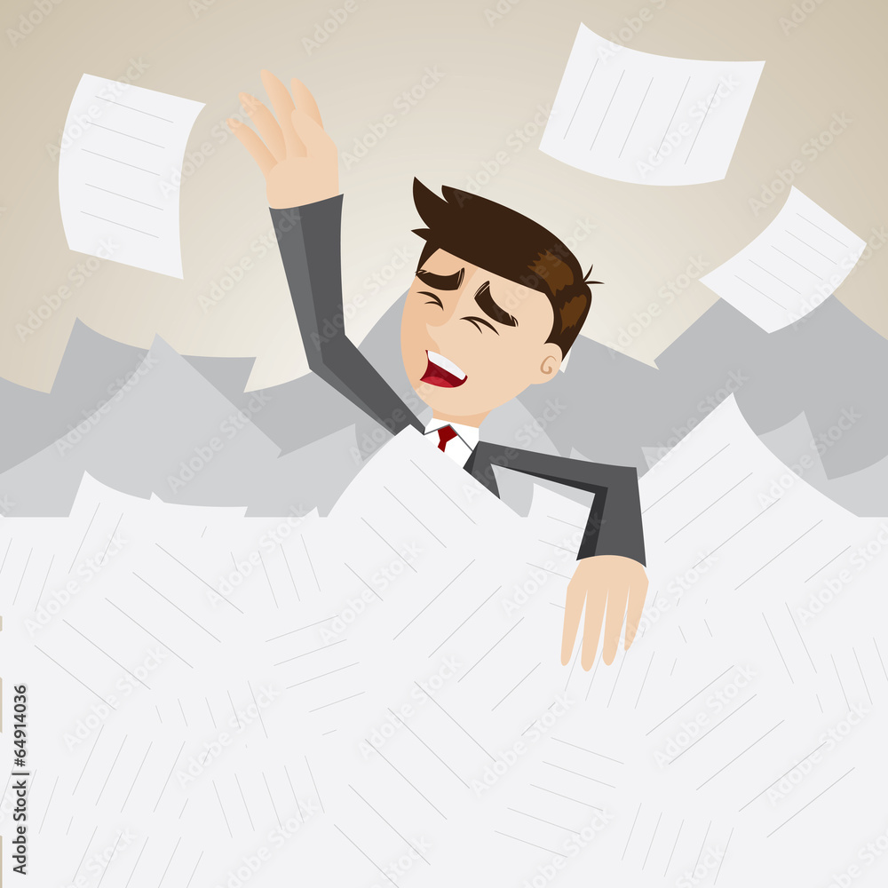 Wall mural cartoon businessman under pile of paper