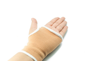 Close-up hand splint for broken bone treatment isolated on white
