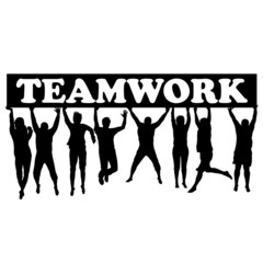 Teamwork concept with men and women jumping