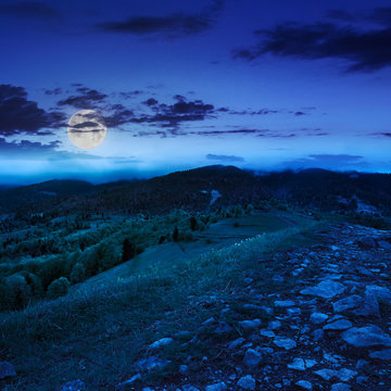 path on top of mountain meadow at night