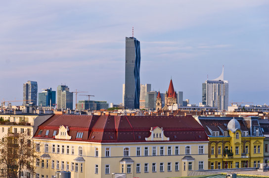 Vienna cityscape at sunset, contrast between modern and old